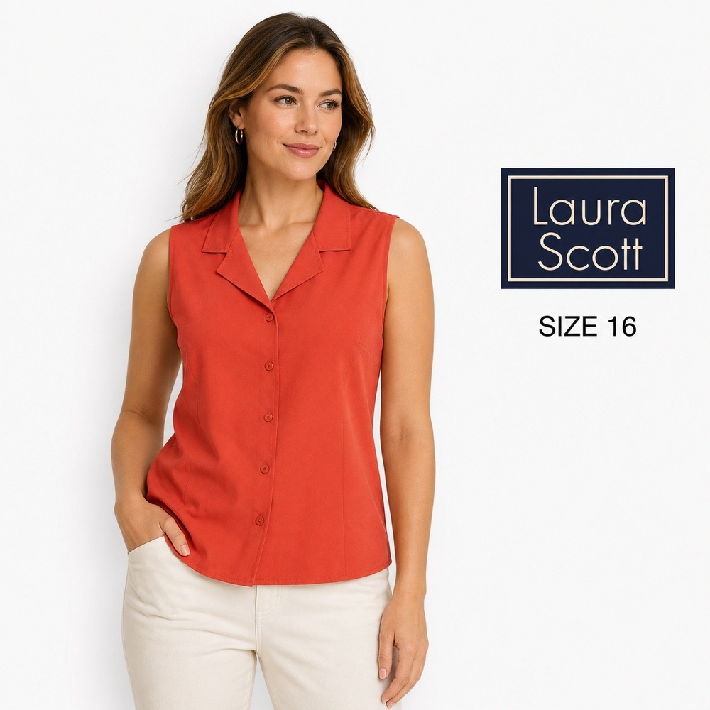 Laura Scott Sleeveless Blouse Womens 16 Coral Solid Regular Fit 90s Officecore